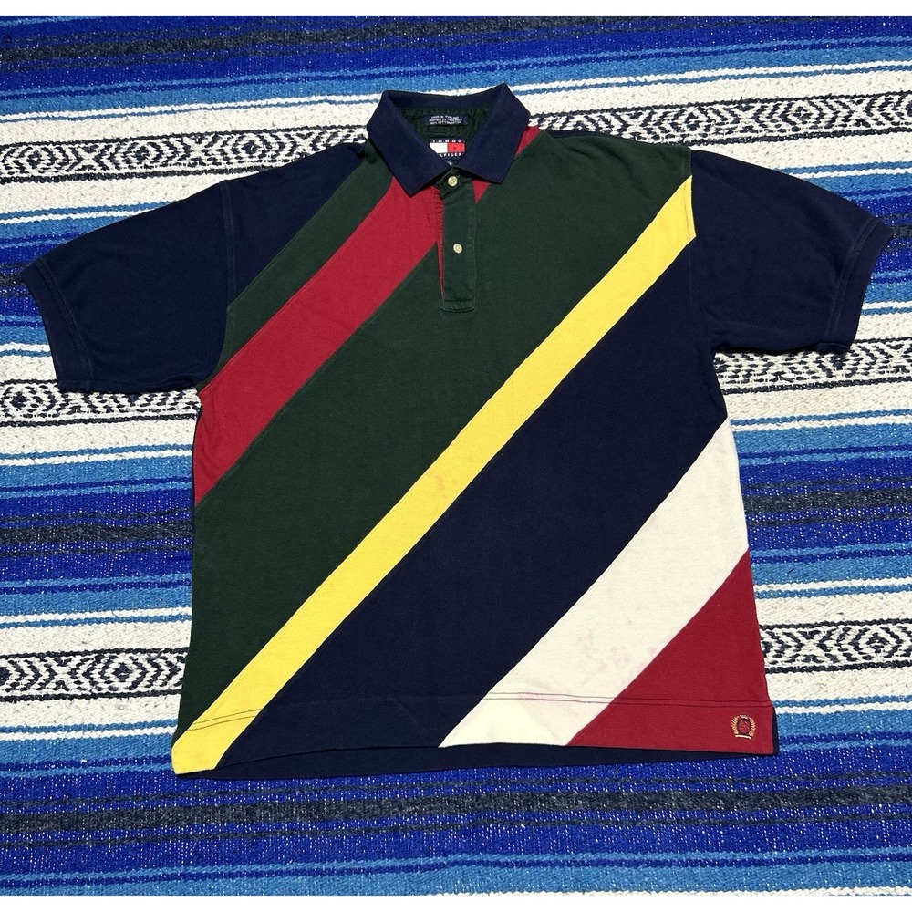 Vintage 90s Tommy Hilfiger Polo Shirt Mens Large Colorblock Crest Flag
